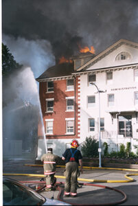 Michener Centre Administration Building on fire, emergency crews fight fire.